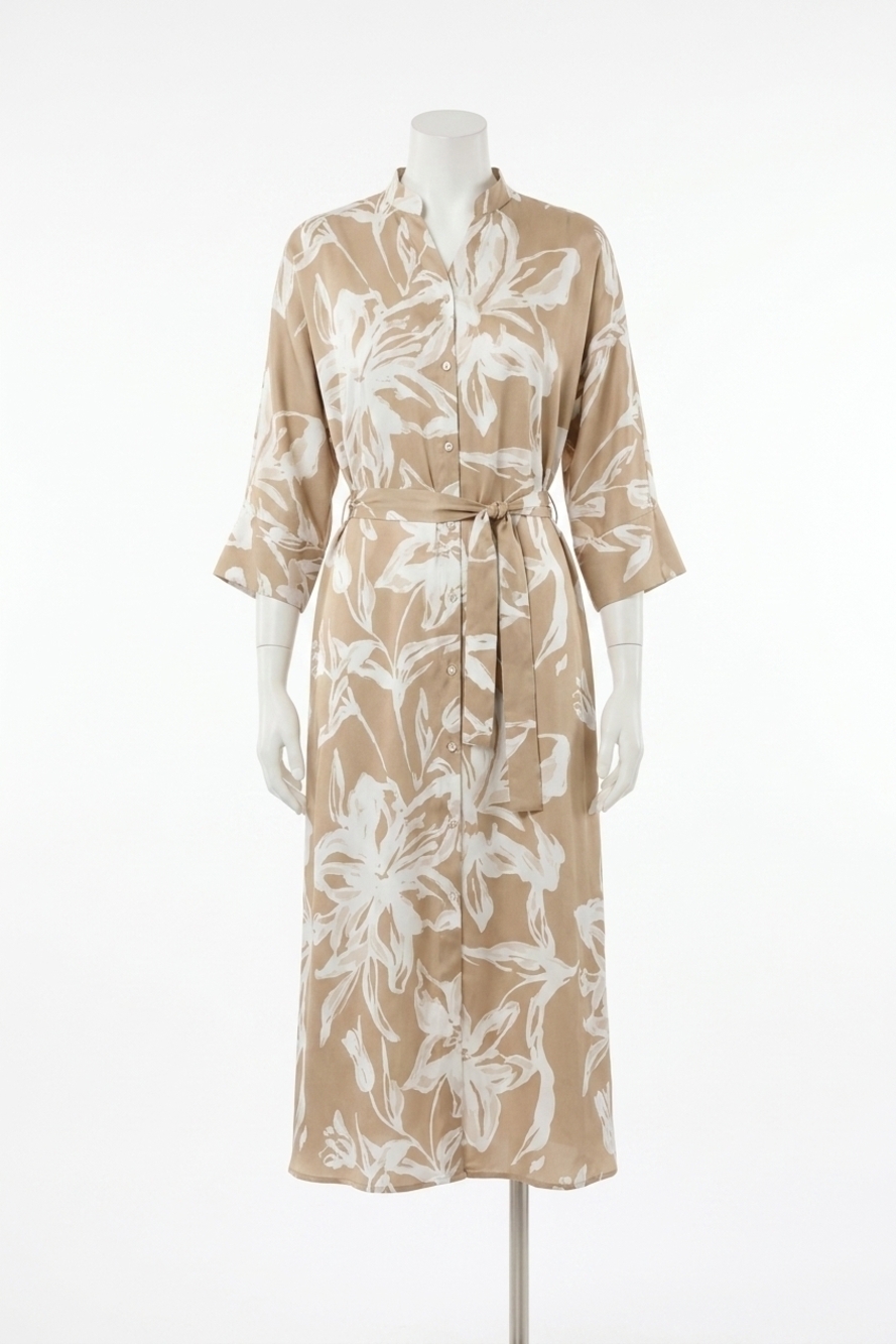 NEW JOSEPH RIBKOFF satin floral midi shirt dress in beige/vanilla